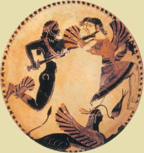 The sons of Boreas, Kalais and Zetes, are hunting the Harpies. Laconian cylix 550 BC. Villa Gulia
